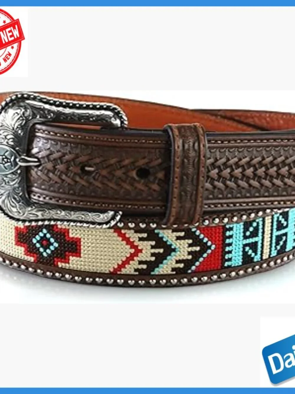 Men's Genuine Leather Western Belt with Embroidered Pattern, Size 44
